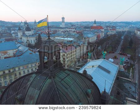 Old European Architecture. Opera Building In Center Of City. Aerial View