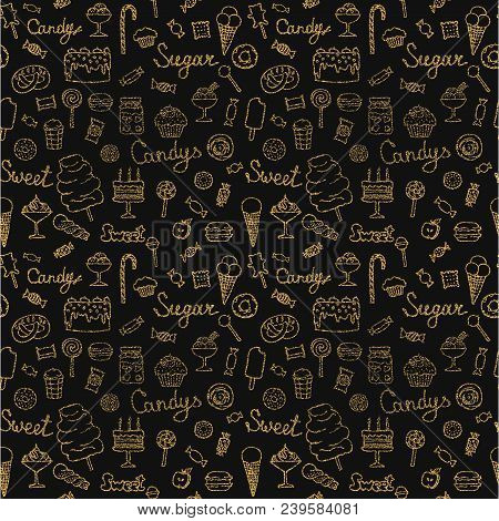 Golden Pattern Of Candys, Cakes, Sweets And Desserts. Hand Drawn Gold Vector Illustrations