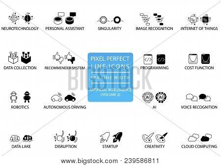 Pixel Perfect Thin Line Icons And Symbols Set For Artificial Intelligence / Ai.