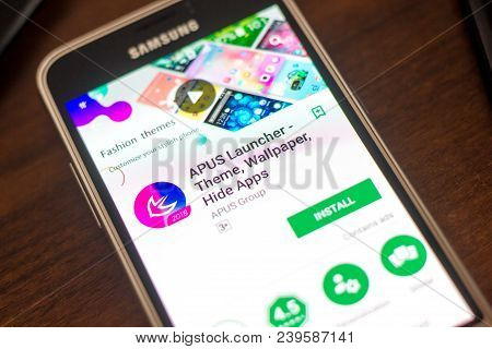 Ryazan, Russia - May 04, 2018: Apus Launcher Mobile App On The Display Of Cell Phone