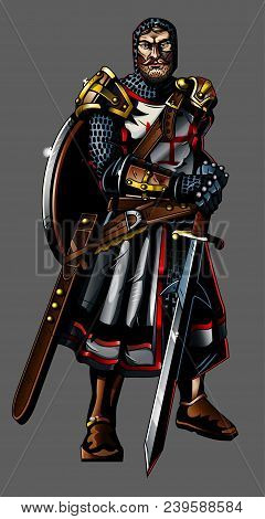 Strong Medieval Knight Crusader Templar With Beard And Big Shield Keep Big Sharp Sword. Metal Armor 