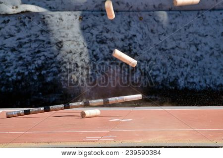 Gorodki - A Russian Folk Sports Game. In This Game You Need Specific Distances To Smash Figures Made