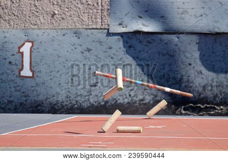 Gorodki - A Russian Folk Sports Game. In This Game You Need Specific Distances To Smash Figures Made