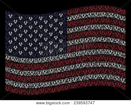 Cow Head Symbols Are Arranged Into Waving United States Flag Stylization On A Dark Background. Vecto