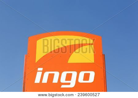 Holme, Denmark - April 8, 2018: Ingo Logo On A Panel. Ingo Is A Filling Station Brand Owned By Stato