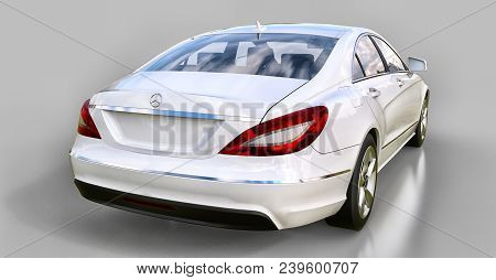 White Mercedes Benz Cls Coupe On A Gray Background. 3d Rendering