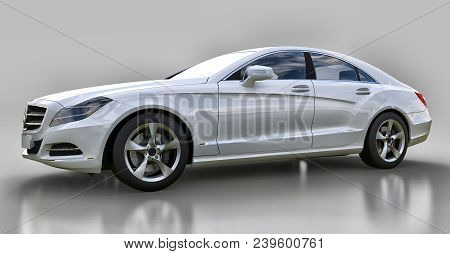 White Mercedes Benz Cls Coupe On A Gray Background. 3d Rendering