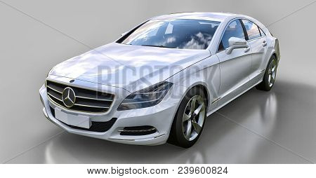 White Mercedes Benz Cls Coupe On A Gray Background. 3d Rendering
