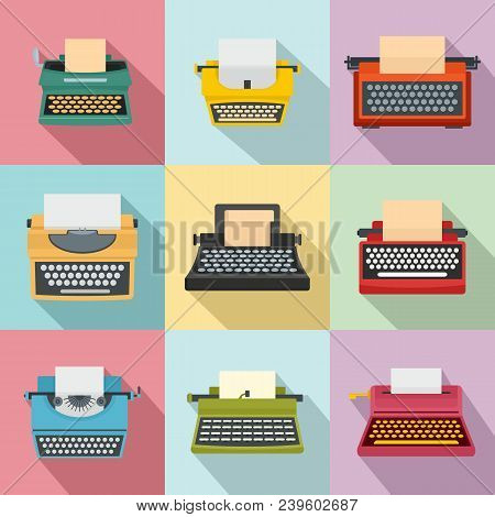 Typewriter Machine Keys Old Keyboard Icons Set. Flat Illustration Of 9 Typewriter Machine Keys Old K