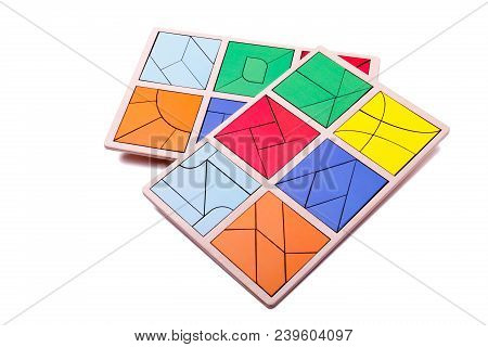 Educational Ecological Wooden Toys For Children. Red, Yellow, Pink, Blue Geometric Figures Isolated 