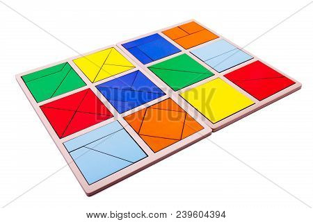 Educational Ecological Wooden Toys For Children. Red, Yellow, Pink, Blue Geometric Figures Isolated 