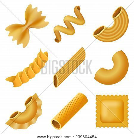 Macaroni Pasta Spaghetti Mockup Set. Realistic Illustration Of 9 Macaroni Pasta Spaghetti Mockups Fo