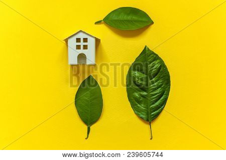 Miniature Toy Model House With Green Leaves On Yellow Colourful Trendy Backgdrop. Eco Village, Abstr