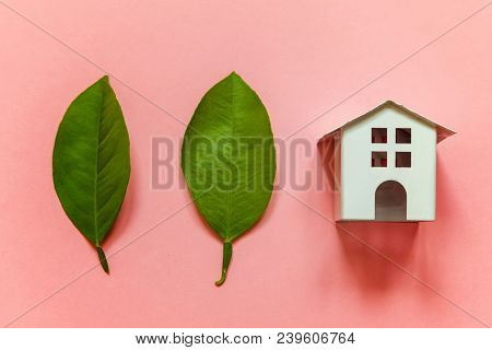 Miniature Toy Model House With Green Leaves On Pink Pastel Colourful Trendy Backgdrop. Eco Village, 