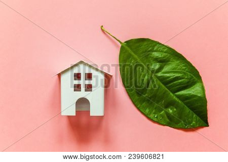 Miniature Toy Model House With Green Leaves On Pink Pastel Colourful Trendy Backgdrop. Eco Village, 