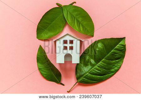 Miniature Toy Model House With Green Leaves On Pink Pastel Colourful Trendy Backgdrop. Eco Village, 