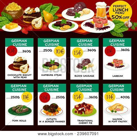 German Cuisine Traditional Food Menu Price Cards. Vector Lunch Offer Design For Salmon In Puff Pastr