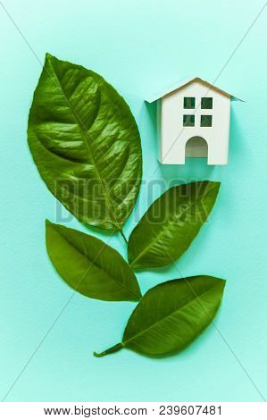 Miniature Toy Model House With Green Leaves On Blue Pastel Colourful Trendy Backgdrop. Eco Village, 