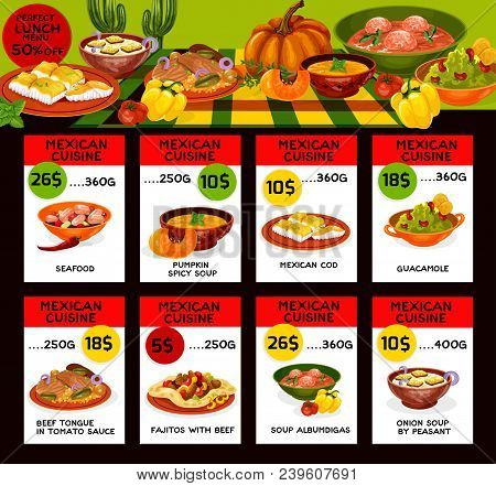 Mexican Cuisine Traditional Food Menu Price Cards. Vector Lunch Offer Design For Seafood, Pumpkin Sp