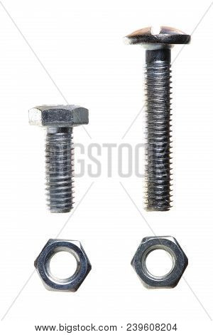 Metal Screw Or Bolt And Nuts Isolated On White Background.
