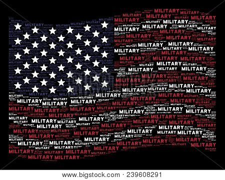 Military Text Items Are Grouped Into Waving Usa Flag Stylization On A Dark Background. Vector Concep