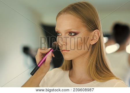Woman Getting Powder On Cheek With Brush, Makeup. Hand Of Makeup Artist Apply Blush On Model Face. W
