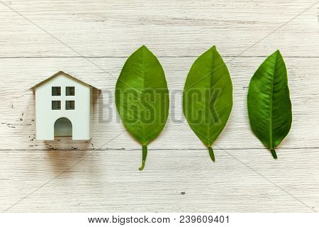 Miniature White Toy Model House With Green Leaves On Wooden Backgdrop. Eco Village, Abstract Environ