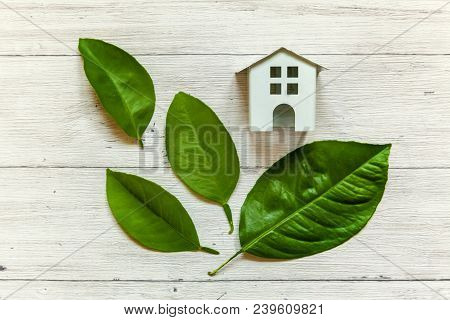 Miniature White Toy Model House With Green Leaves On Wooden Backgdrop. Eco Village, Abstract Environ