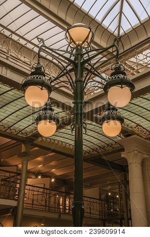 Brussels, Belgium - July 04, 2017. Detail Of Lamp In Art Nouveau Style At The Comics Art Museum In B
