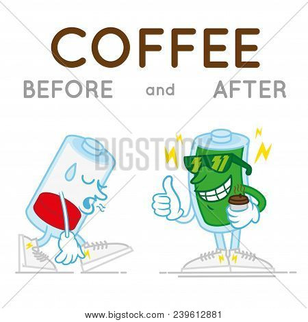 Two Batteries After And Before Energy Hot Coffee, One Is Very Tired With Low Energy Second Is Smile 