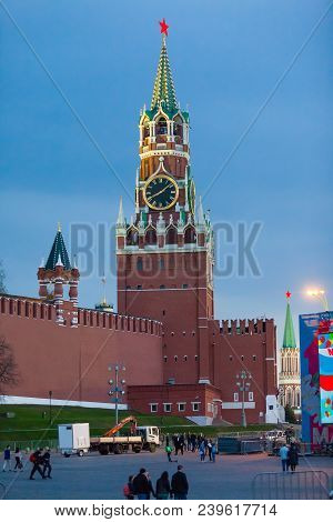 Moscow, Russia - April 30, 2018: View Of The Spasskaya Tower Of The Moscow Kremlin And The Bolshoy M