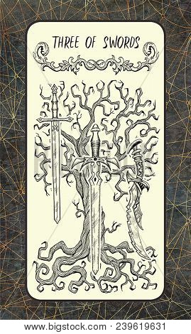 Three Of Swords. Minor Arcana Tarot Card. The Magic Gate Deck. Fantasy Engraved Illustration With Oc