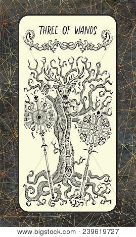 Three Of Wands. Minor Arcana Tarot Card. The Magic Gate Deck. Fantasy Engraved Illustration With Occ