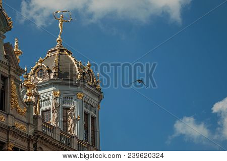 Close-up Of The Rich And Elegant Decoration On The Historic Buildings At Grand Place Of Brussels. Vi