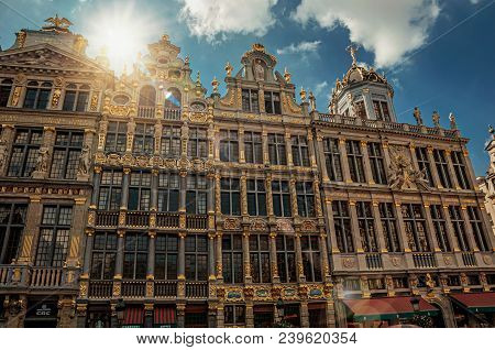 Brussels, Belgium - July 04, 2017. Facade Of Old Typical Buildings In Brussels. Vibrant And Friendly