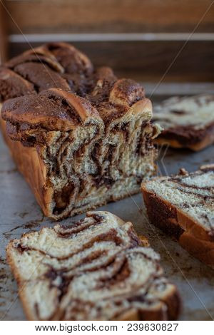 Home Made Chocolate Babka Fresh From The Oven On A Wooden Table
