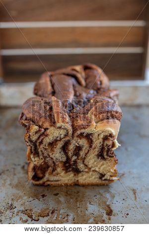 Home Made Chocolate Babka Fresh From The Oven On A Wooden Table