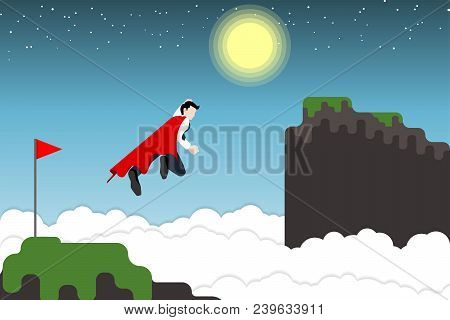 Businessman Flying Toward To The Sky Higher Mountain.