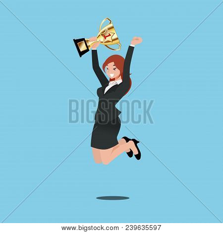 Business Woman Holding Number One Gold Trophy Of Achievement. Vector Design Of Winning And Cheering 