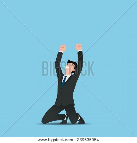 Business Man Executives Celebrate His Successful, Raising Hands With Clenched Fists Up Over Heads Wh