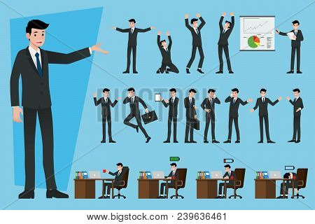Set Of Businessmen In Different Type About Work Theme, Presenting Earnings, Explaining Products, Dis