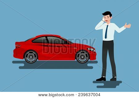 A Calm Businessman Is Calling To Insurance Company For Help About His Broken Car Parked On The Roads
