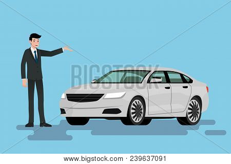 A Happy Businessman Is Standing And Present  His Car That Parked On The Street.vector Illustration D