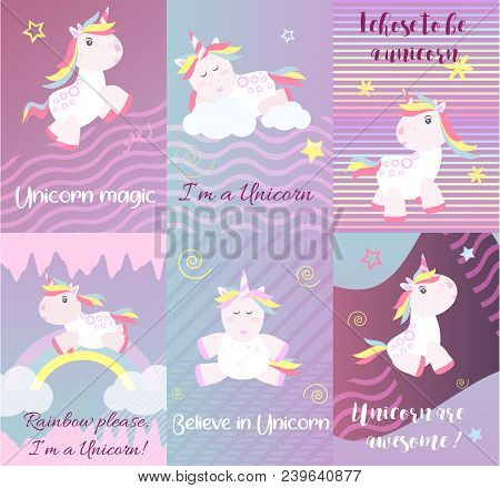 Cute Unicorn Cards Magic Baby Vector. Fantasy Animal Lovely Horn Head Illustration Sweet Horse Dream