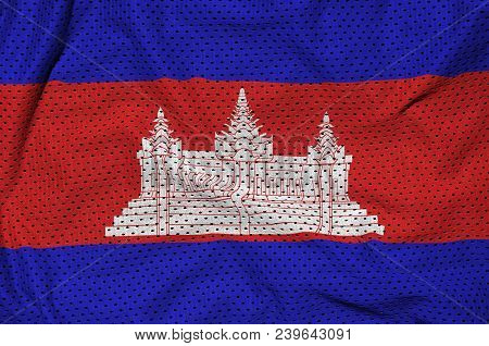 Cambodia Flag Printed On A Polyester Nylon Sportswear Mesh Fabric With Some Folds
