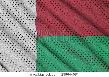 Madagascar Flag Printed On A Polyester Nylon Sportswear Mesh Fabric With Some Folds