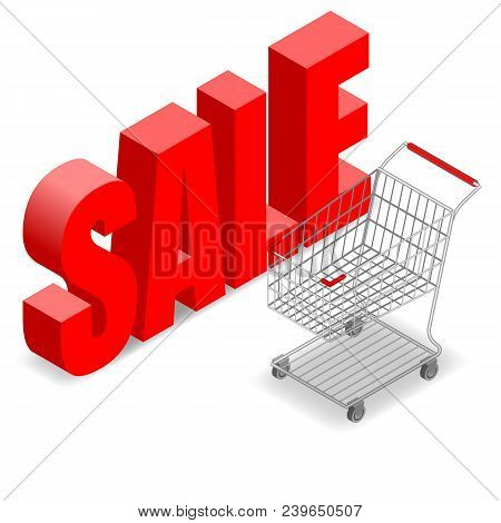 Isometric 3d Supermarket Shopping Cart For Convinience Store Shop Isolated On White Background. This