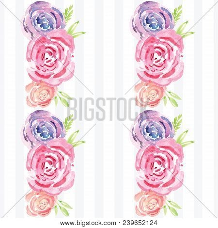 Hand-painted Watercolor Floral Rose Pattern. Illustration Of Decorative Floral Design For Wedding In