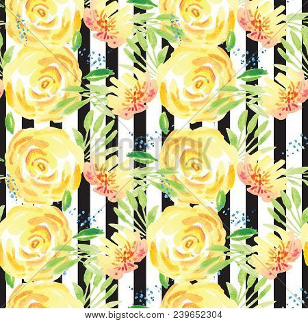 Hand-painted Watercolor Floral Rose Pattern. Illustration Of Decorative Floral Design For Wedding In