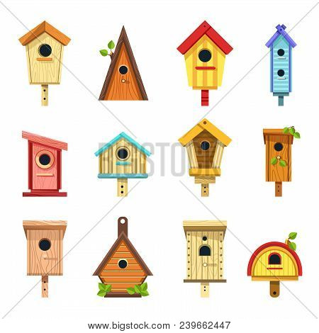 Wooden Birdhouses Of Creative Design To Hang On Tree Set. Compact Simple Constructions For Wild Bird